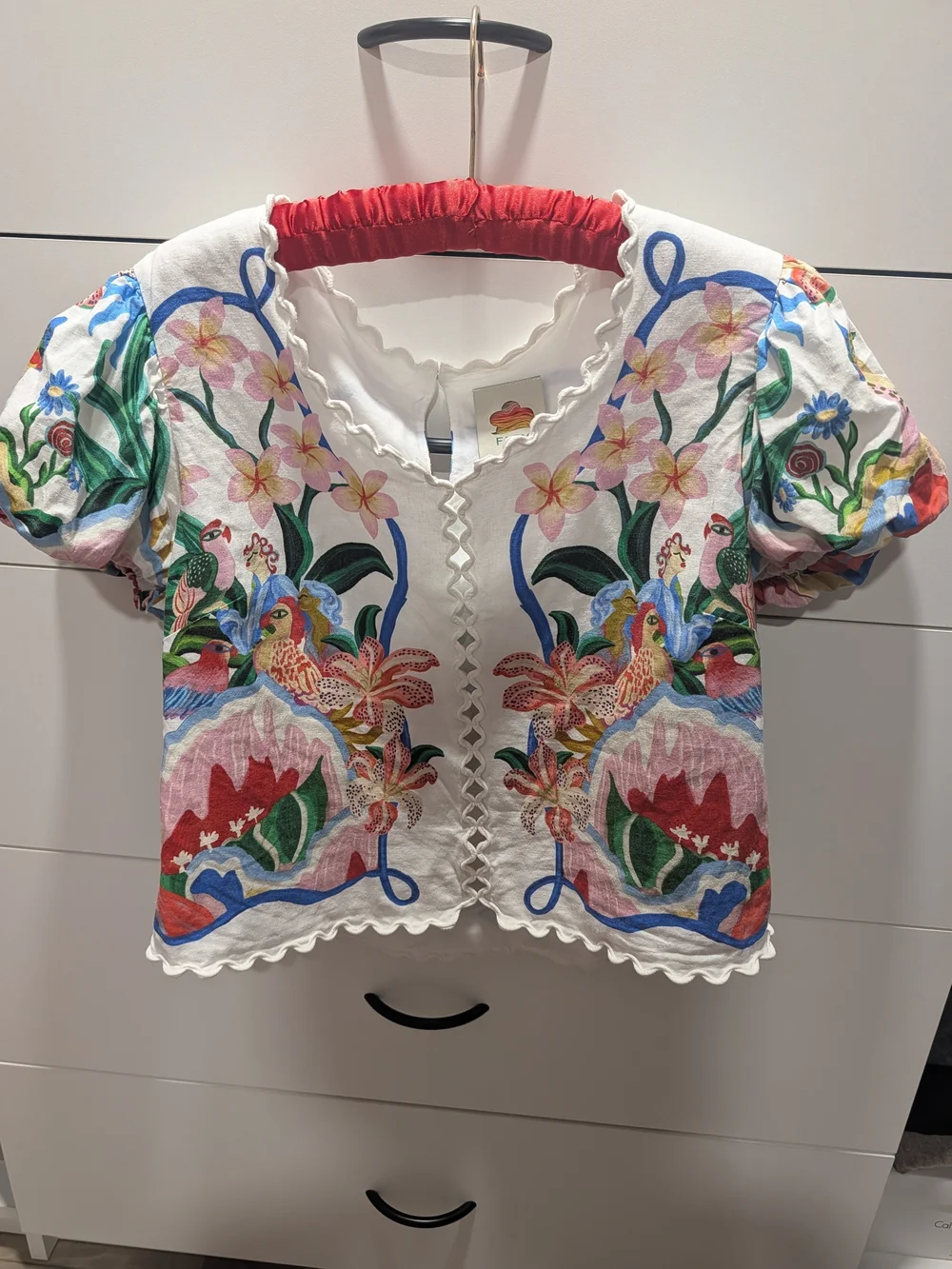 Farm Rio White Floral Embroidered Puff-Sleeve Top